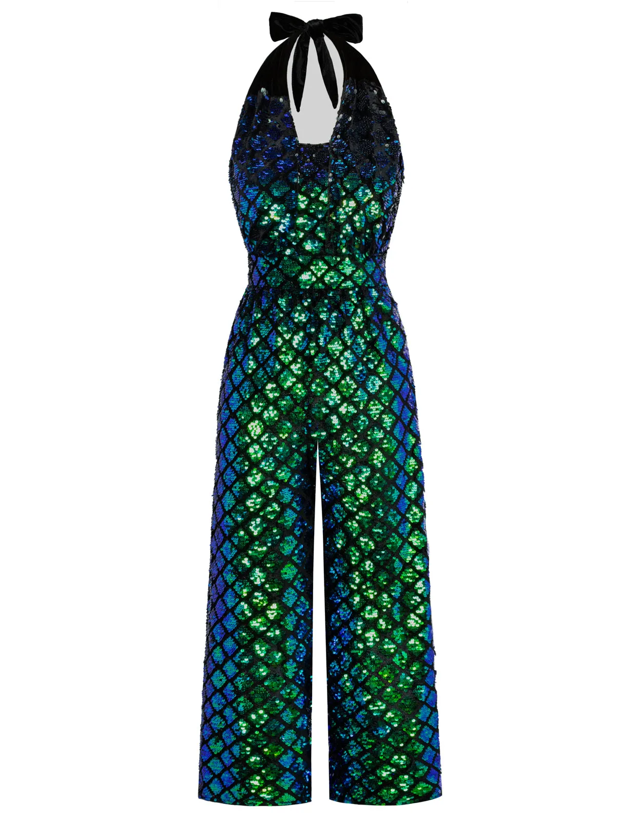 Sequined Jumpsuit Defined Waist Backless Halterneck Jumpsuit