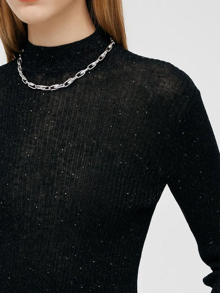 Sequins Sheath Mock Neck Women Sweater