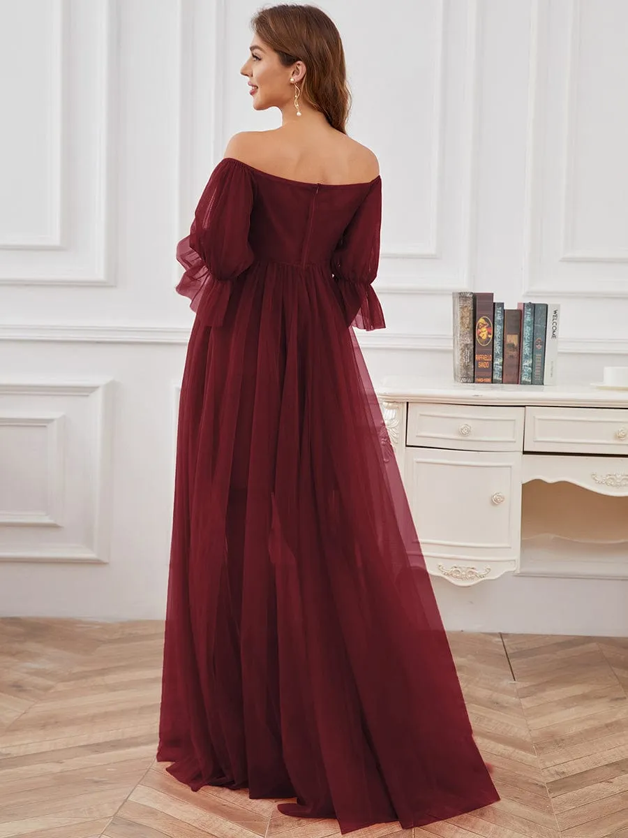 Sheer Off-Shoulder Double Skirt Maxi Maternity Dress