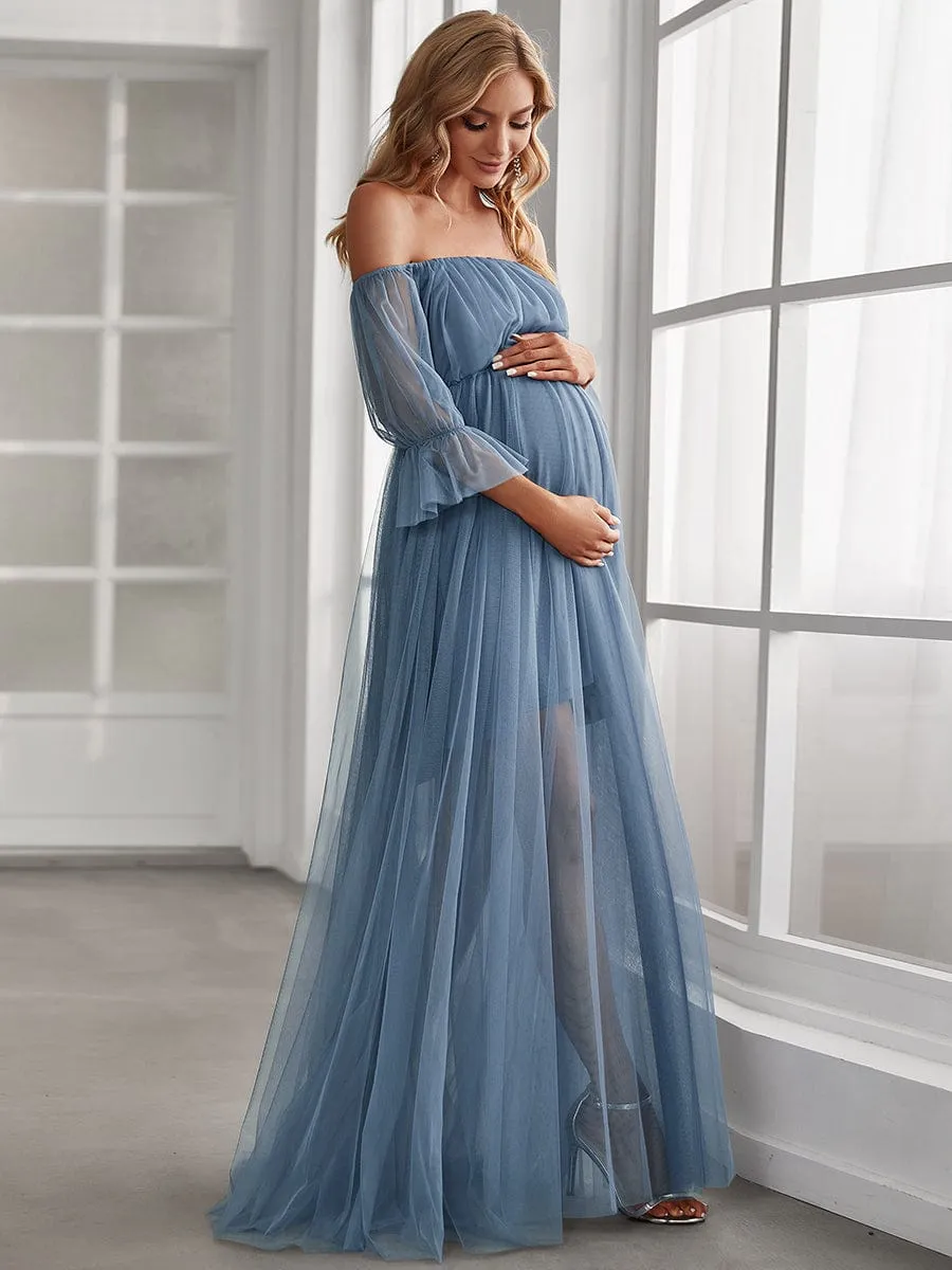 Sheer Off-Shoulder Double Skirt Maxi Maternity Dress