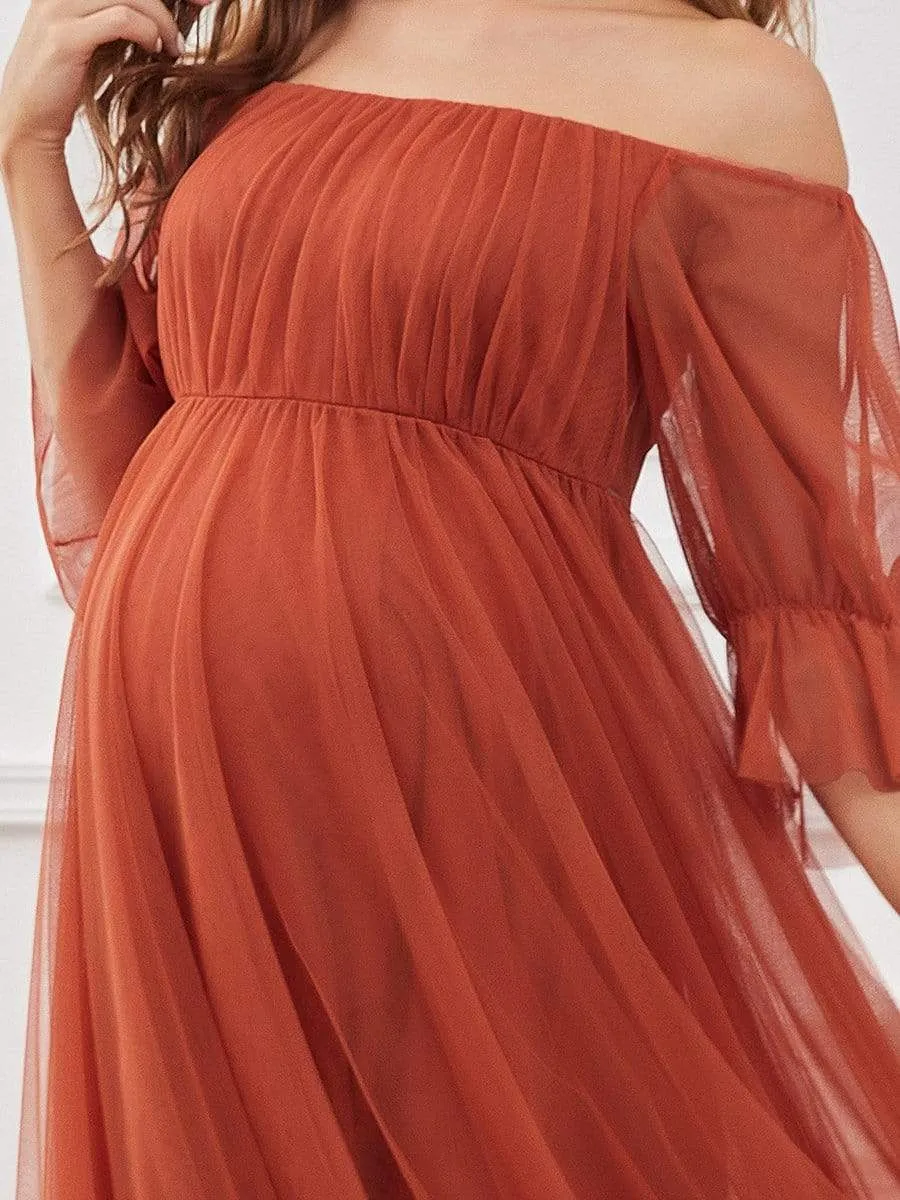 Sheer Off-Shoulder Double Skirt Maxi Maternity Dress