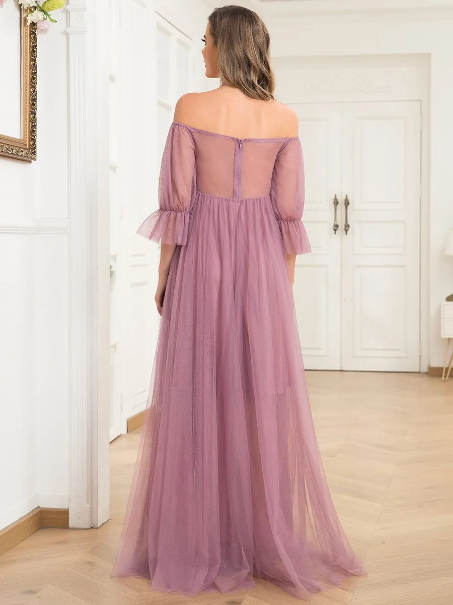 Sheer Off-Shoulder Double Skirt Maxi Maternity Dress