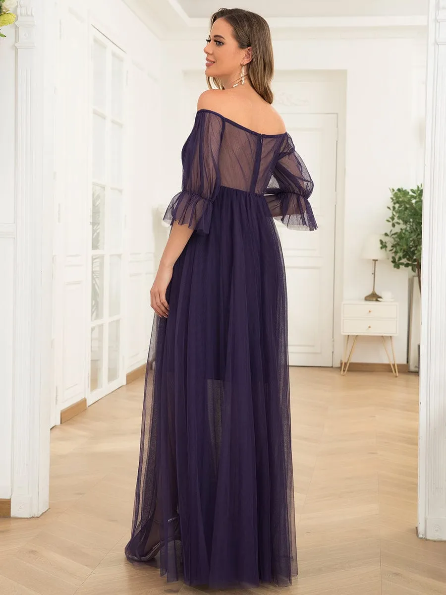 Sheer Off-Shoulder Double Skirt Maxi Maternity Dress