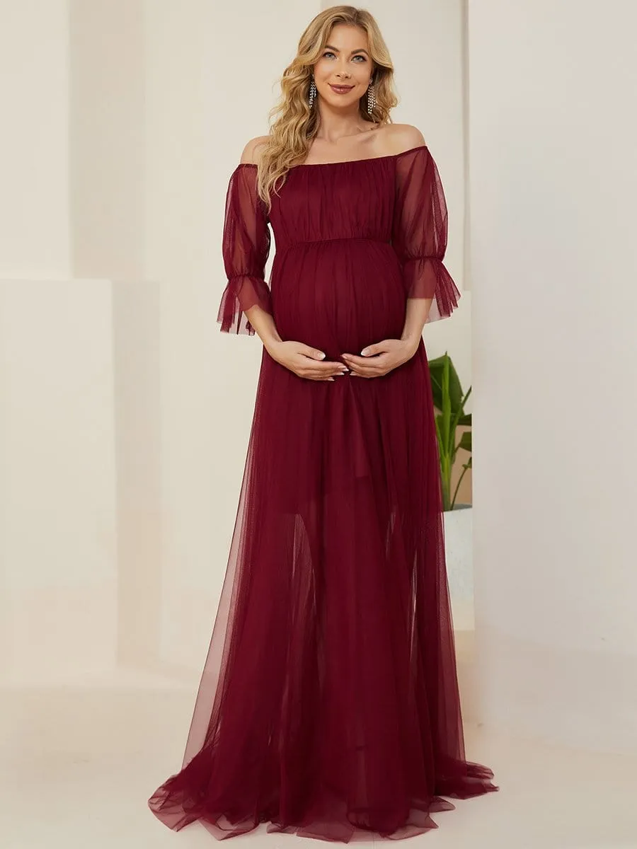 Sheer Off-Shoulder Double Skirt Maxi Maternity Dress