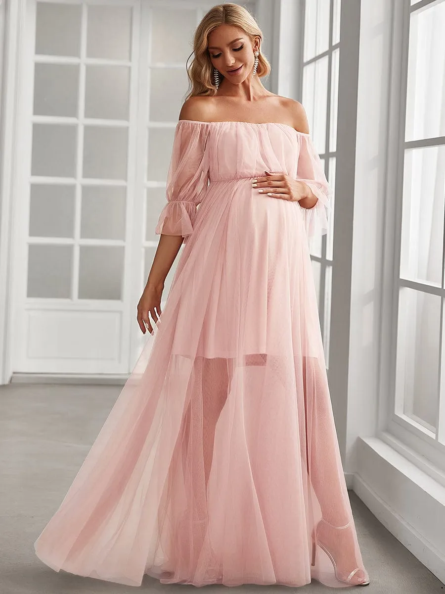 Sheer Off-Shoulder Double Skirt Maxi Maternity Dress