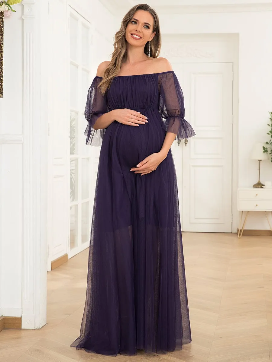 Sheer Off-Shoulder Double Skirt Maxi Maternity Dress