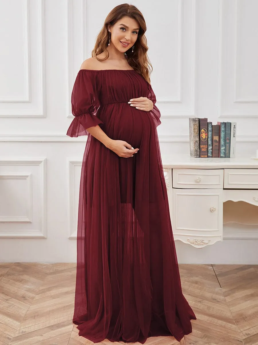 Sheer Off-Shoulder Double Skirt Maxi Maternity Dress