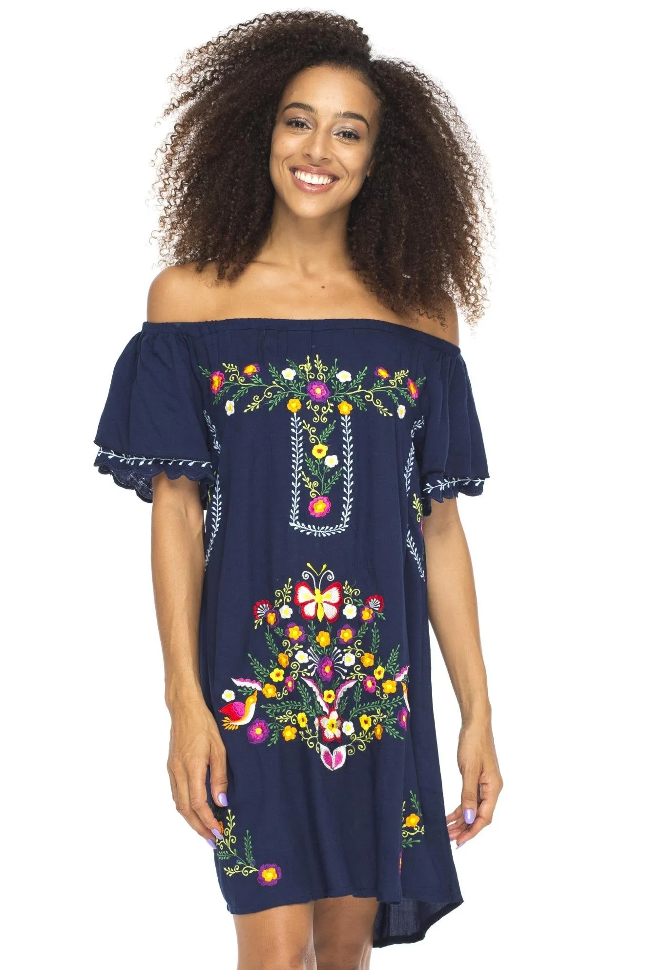 Short Off Shoulder Embroidery Tunic Dress