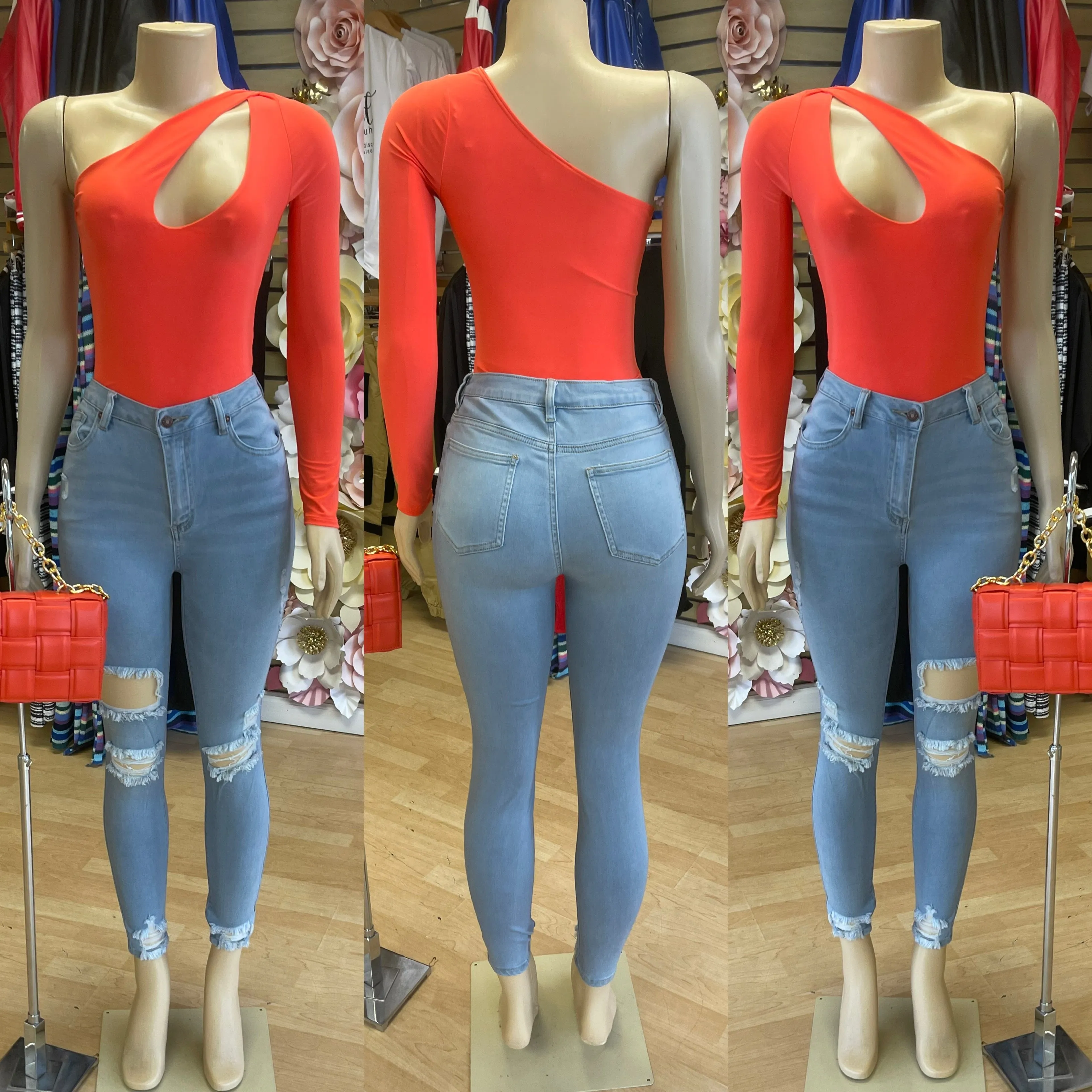 Shoulder Off View Action Bodysuit ( Coral)