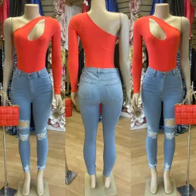 Shoulder Off View Action Bodysuit ( Coral)