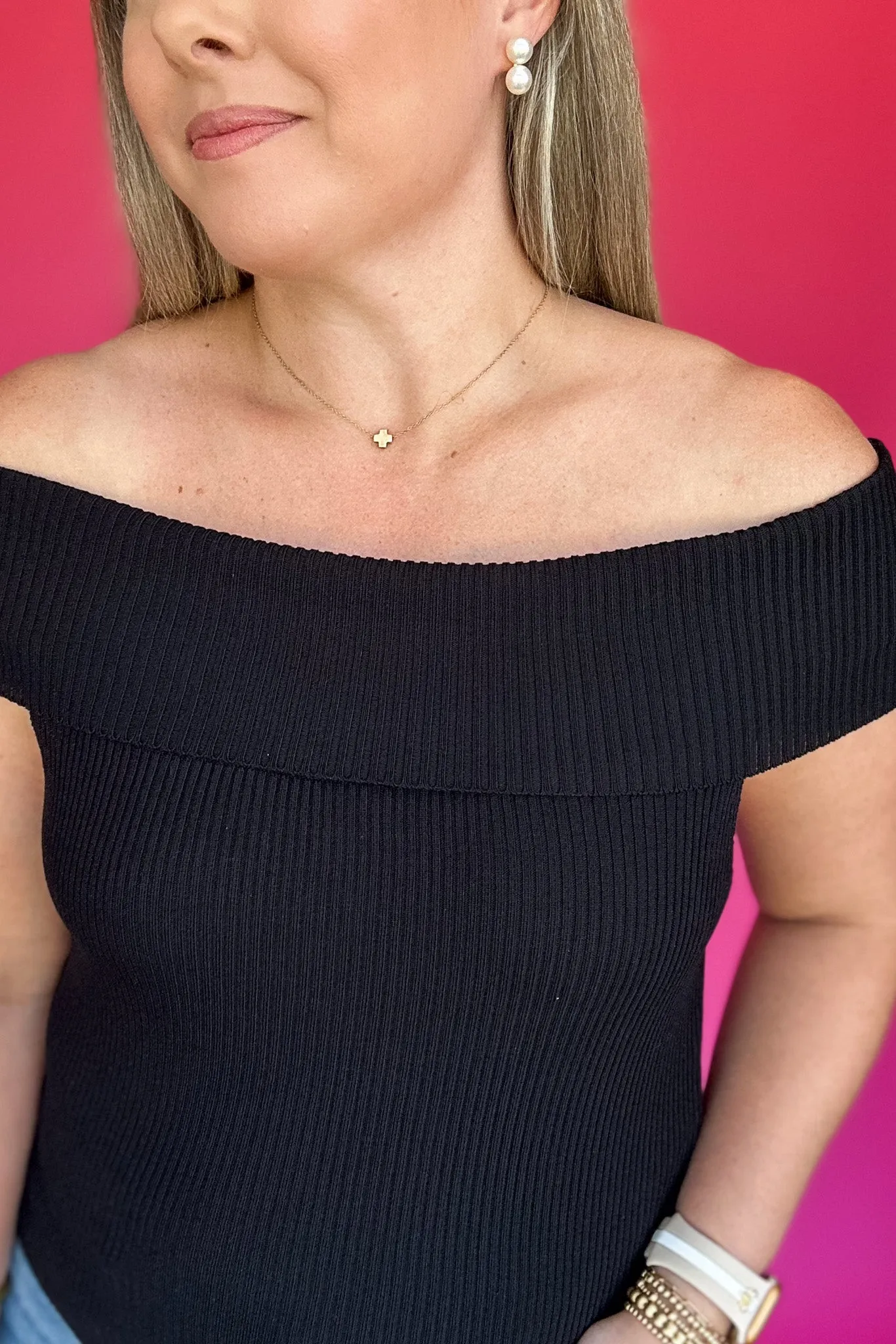 Showing Shoulder Ribbed Top - Black