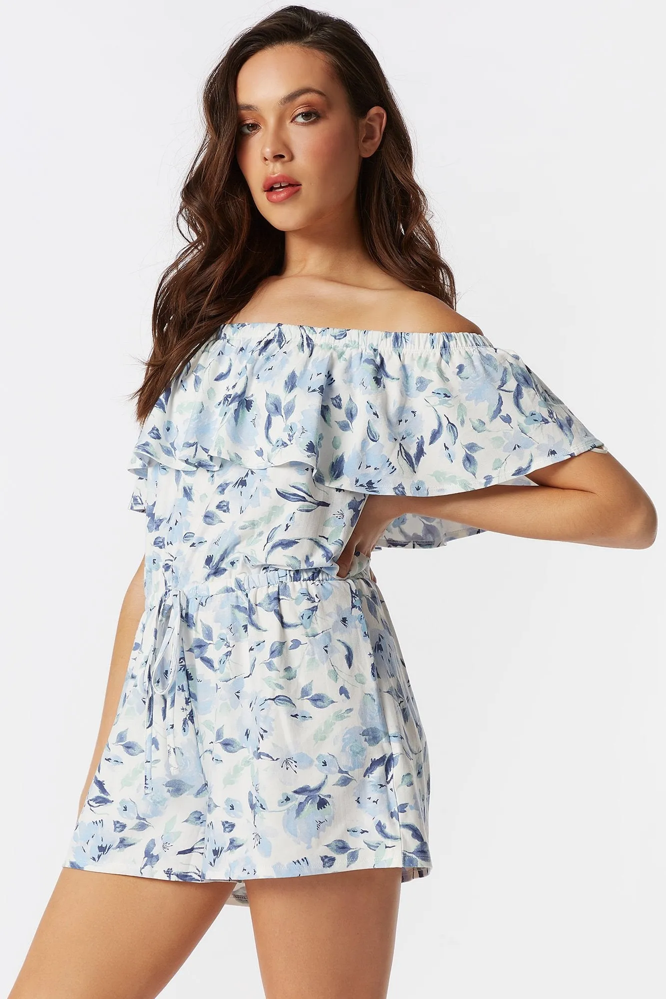 Soft Blue Floral Ruffle Off The Shoulder Romper