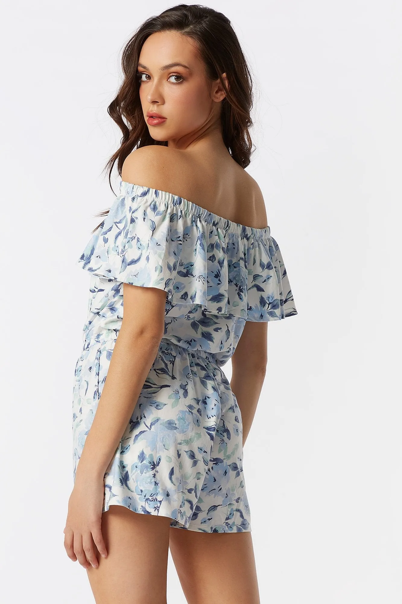 Soft Blue Floral Ruffle Off The Shoulder Romper