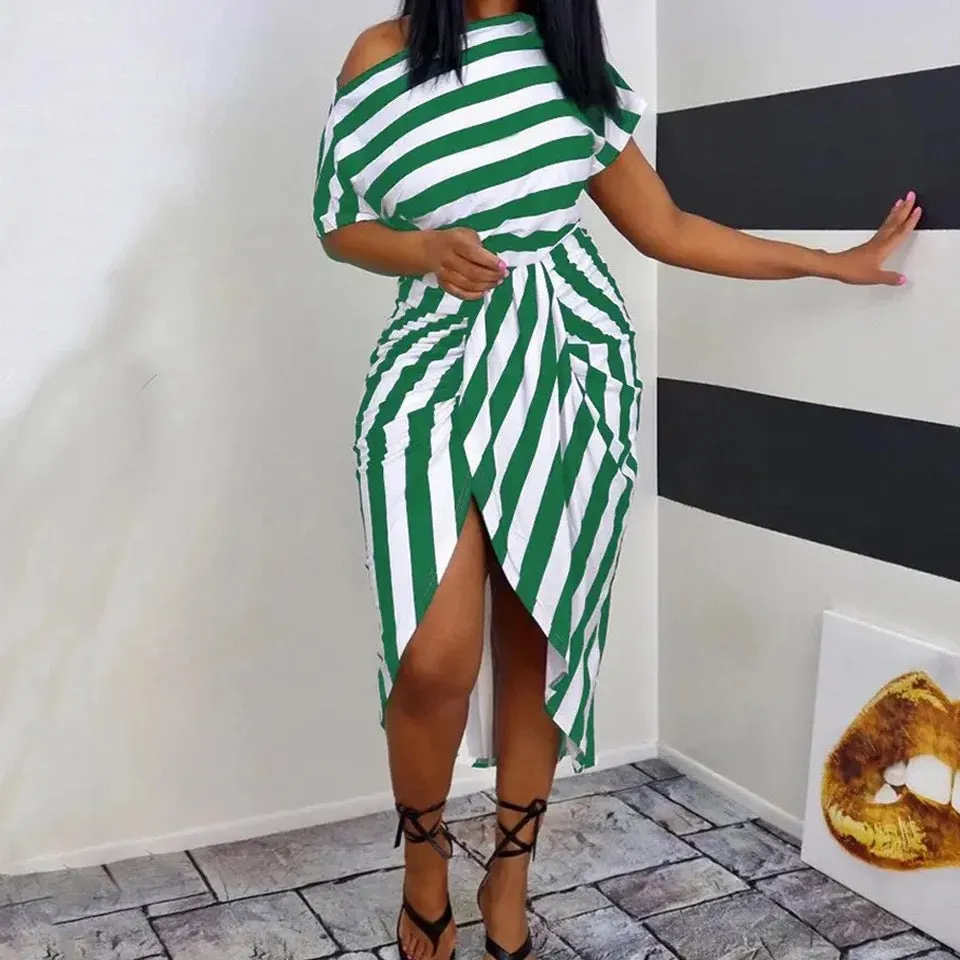 Striped off shoulder ruched dress in green