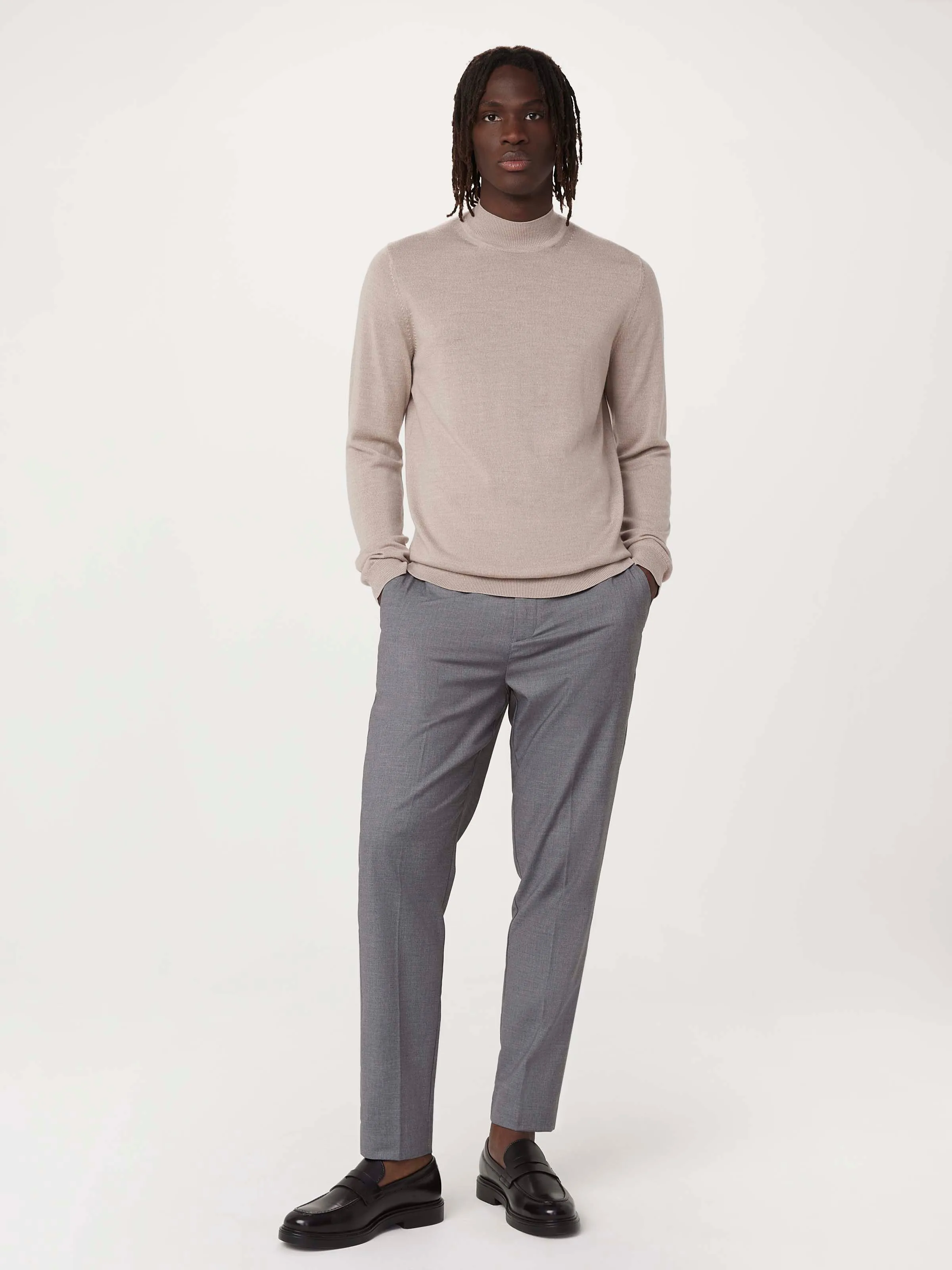 The Merino Mock Neck Sweater in Light Beige