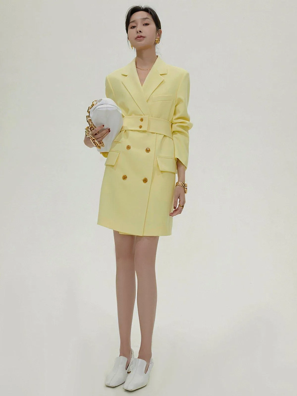 Yellow Double Breasted Long Sleeve Blazer Dress