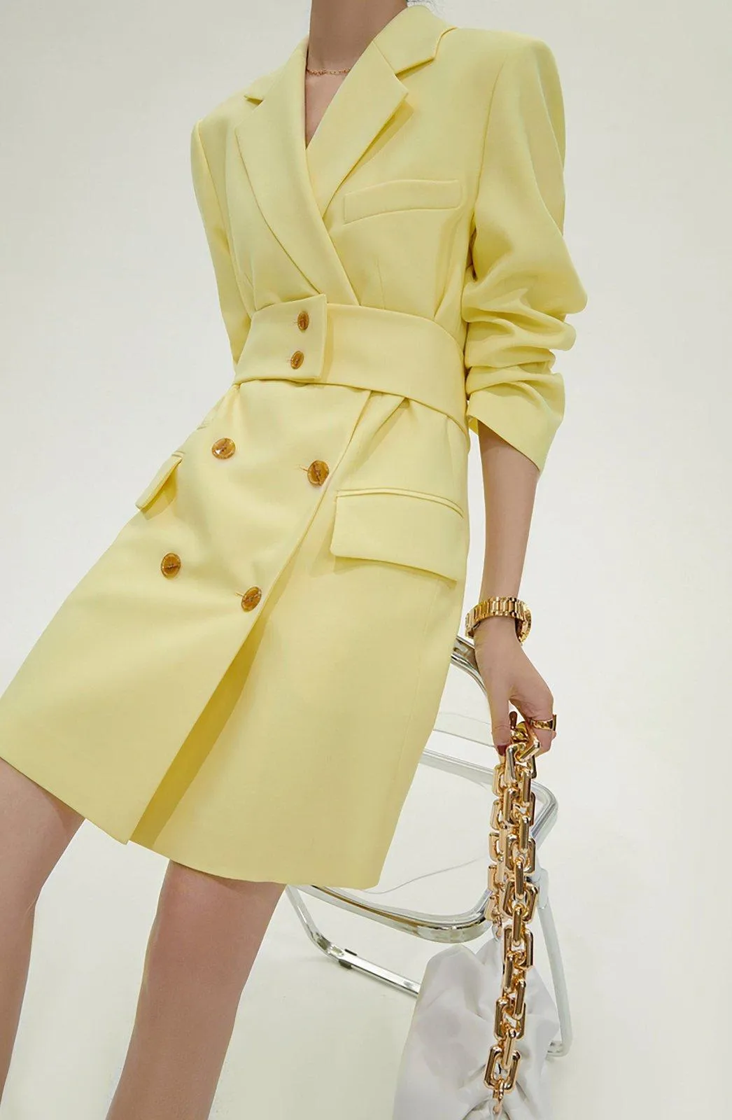 Yellow Double Breasted Long Sleeve Blazer Dress