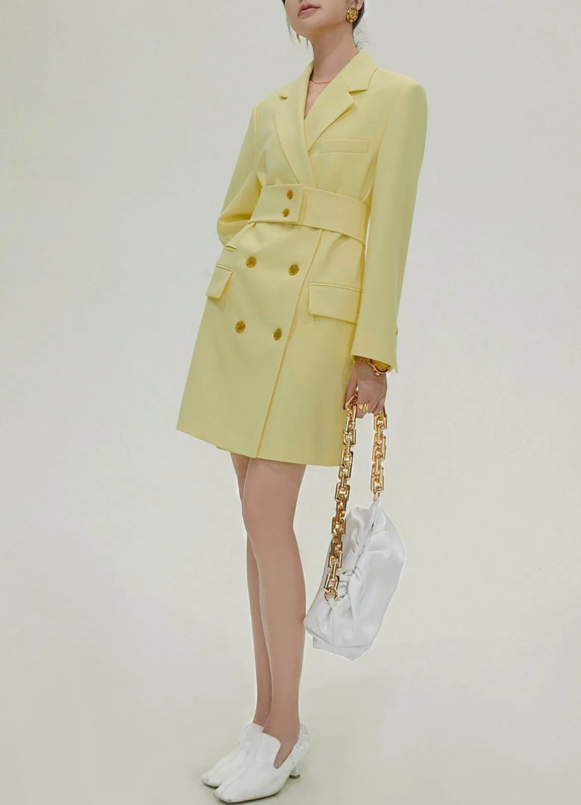 Yellow Double Breasted Long Sleeve Blazer Dress